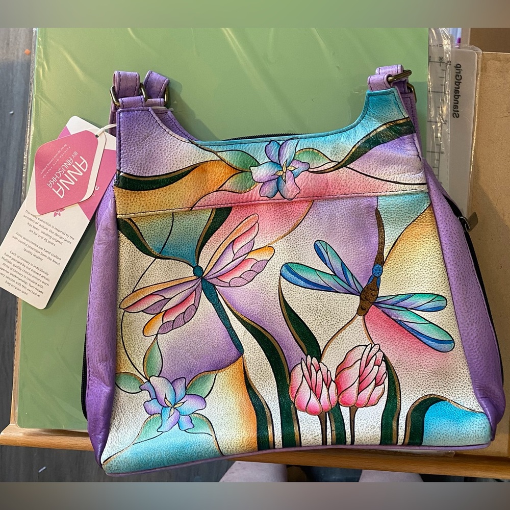 Dragonfly Glass Anna by Anuschka - Triple Compartment Leather Satchel - NWT